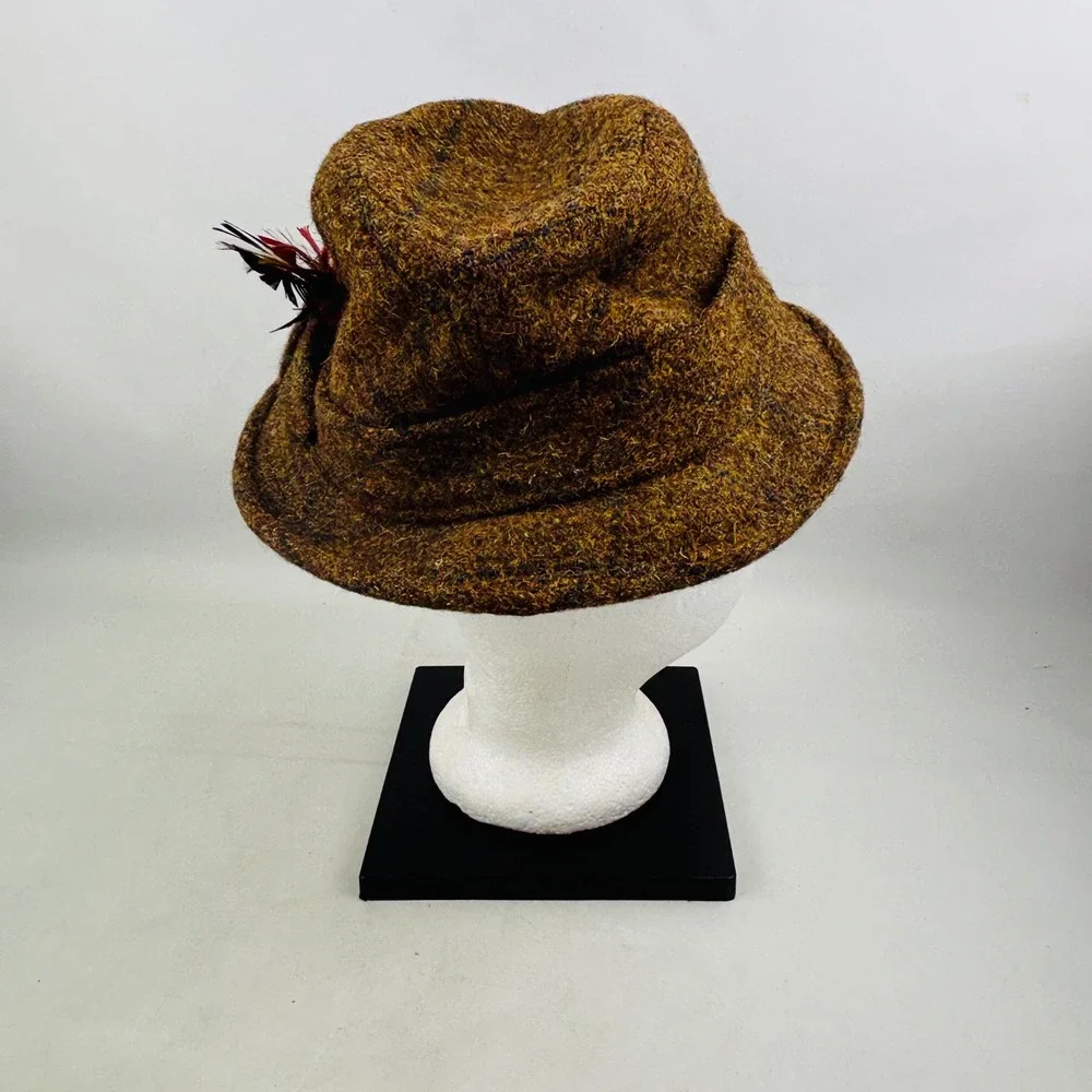 Vintage Dobbs Tweed Trilby Hat Mens 7 1/4 Brown Wool Feather Woollens Britain